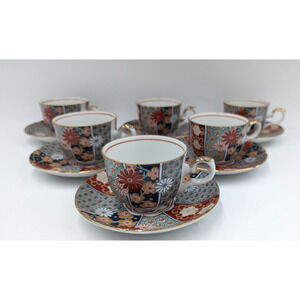 Arita Imari Fan Fine Porcelain Cup and Saucer Set of 6 Japan